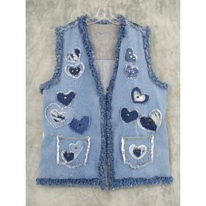 Reworked Denim Vest Womens XL Patchwork Hearts Fringe Western Pockets Studded‎